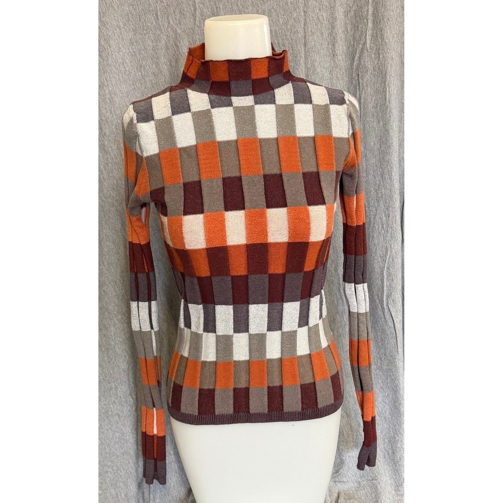 Gilded Intent 70's Style Checkered Mock neck Sweater Multi Thumbhole Retro